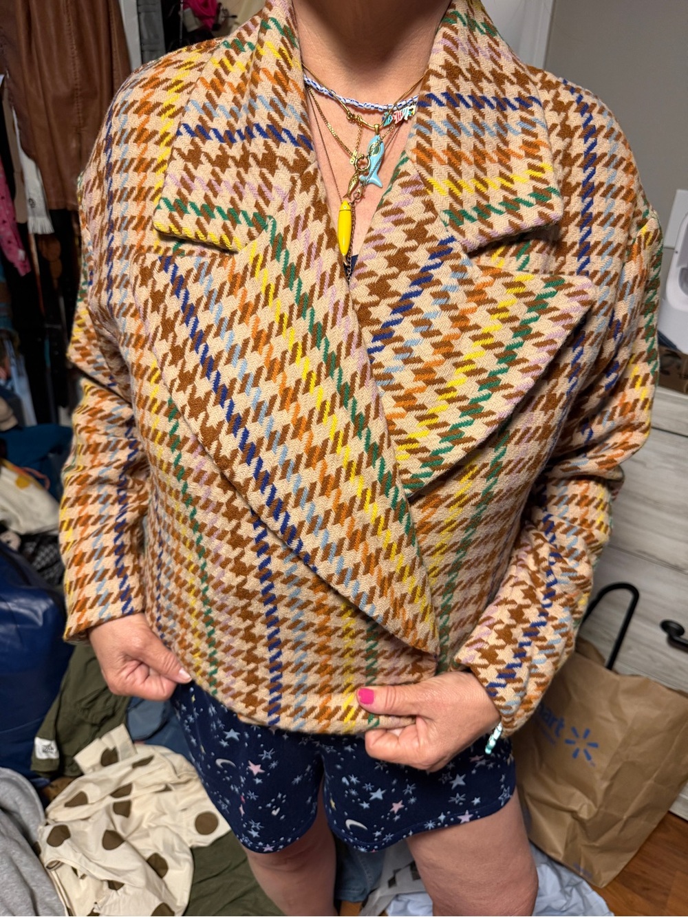 Mazik Multicolor Houndstooth Blazer in Tan, Brown, Yellow, Blue, Green